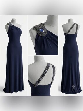 David Meister Navy Blue One-Shoulder Embellished Gown Style G7173 Size 8